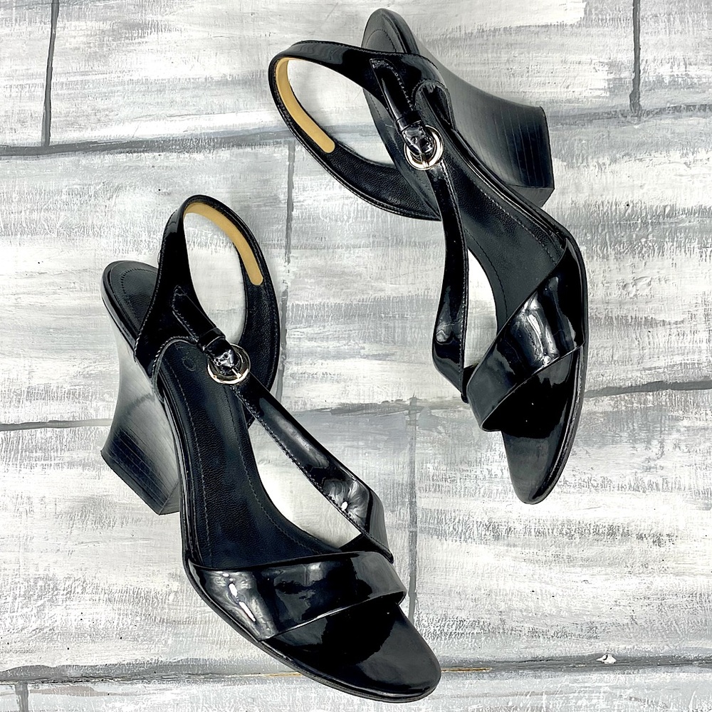 Franco Sarto Black Patent Leather Strappy Wedge Heel Sandal Open Toe Dressy Chic